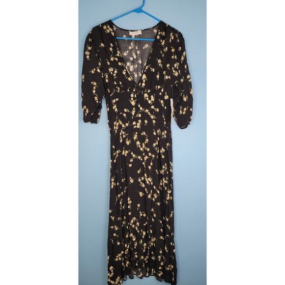 Flynn Skye Small Elsie Midi Dress Black White V Neck Hourglass Puff Sleeves NWOT - Picture 2 of 8